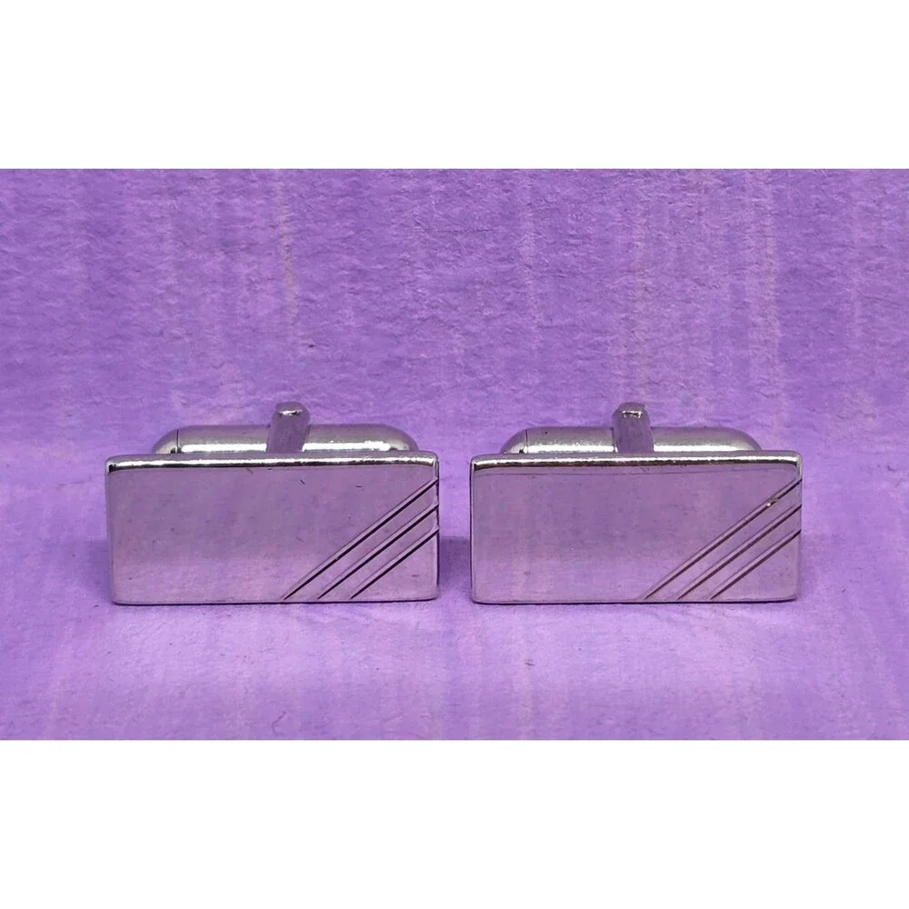 Men's Swank Silver Tone Striped Rectangle Cufflinks Formal Cuff Links